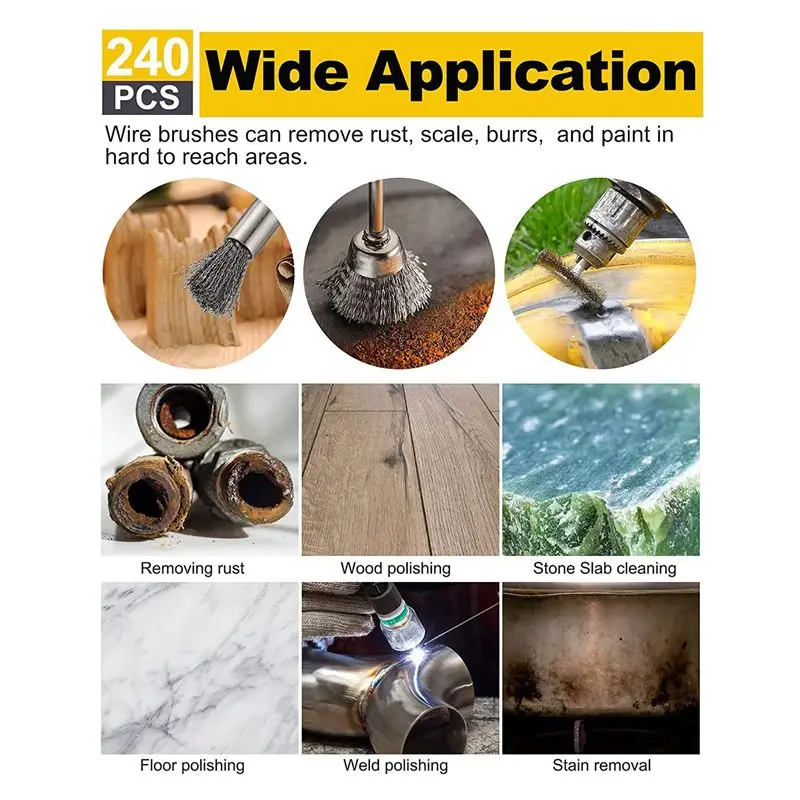 REST 240 Pcs Wire Brush Set Wire Cup Brush Abrasive Wire Wheel Pen Brushes Kit Accessories Drill Rust 3 Millimeter Mandrel