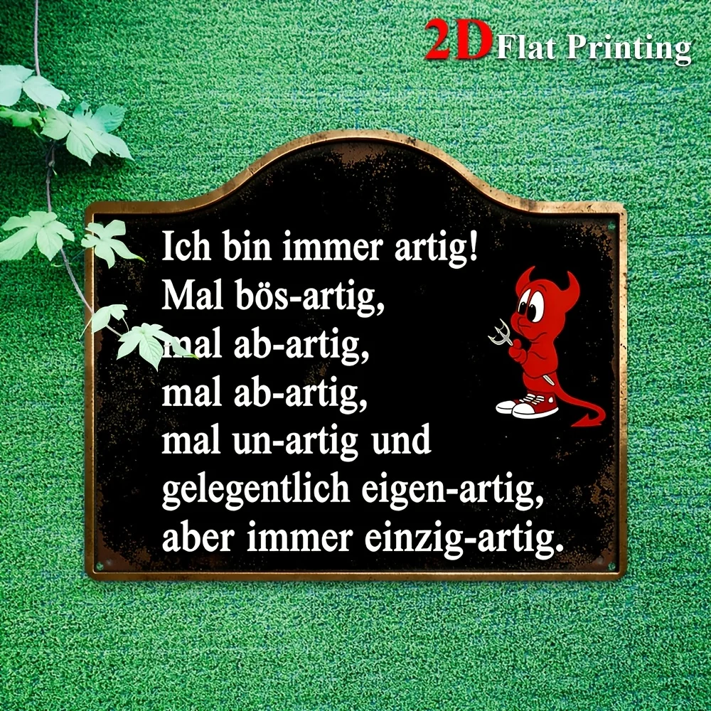 1pc 2D Flat Sign Artwork Depicting A Red Devil With German Text, Ideal For Decorating A For Home Bar, Man Cave, Or Office