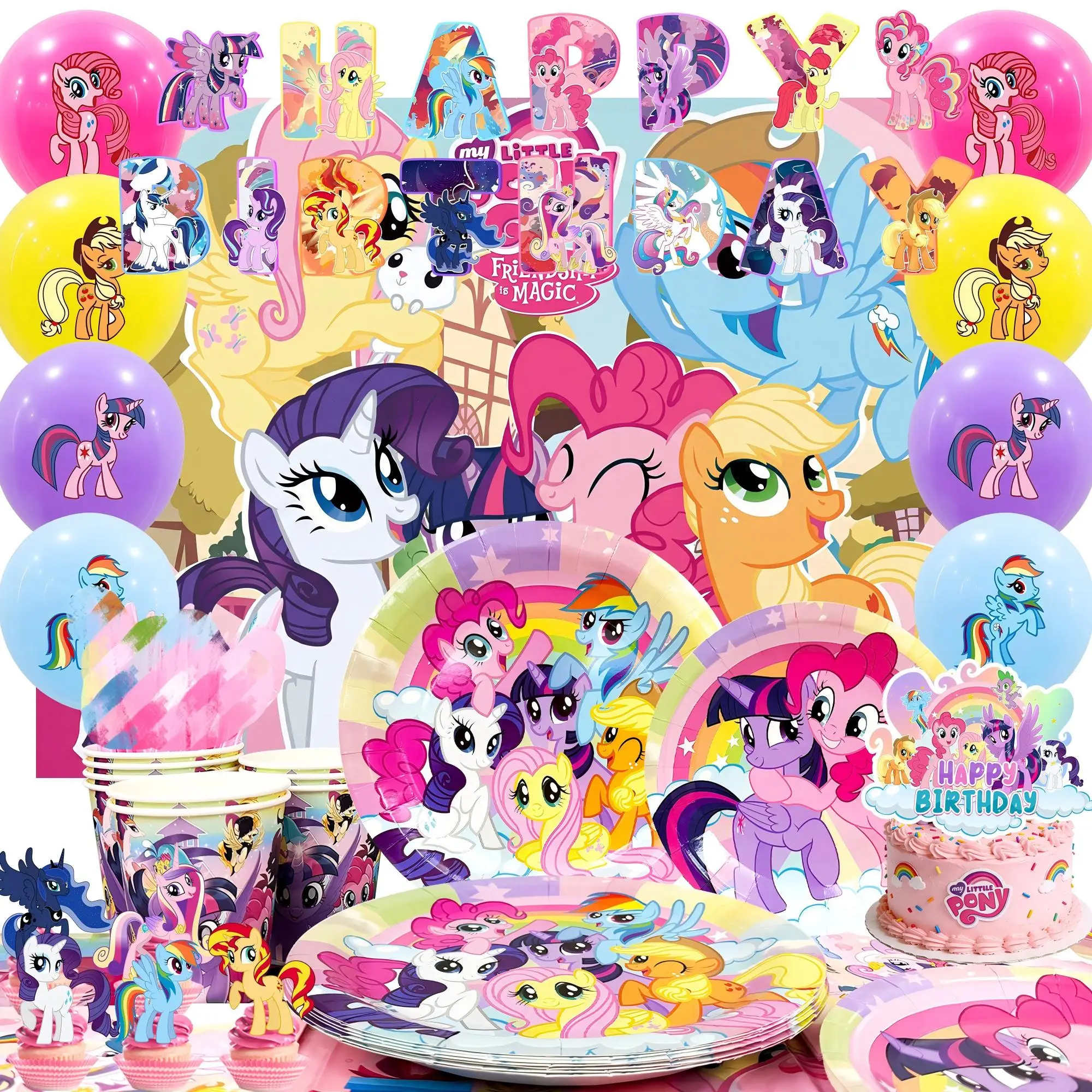98 Piezas de Decoración y Vajilla para Fiesta de Cumpleaños de My Little Pony - Globos, Pancarta, Platos, Servilletas, etc. Artículos para Fiesta de My Little Pony
