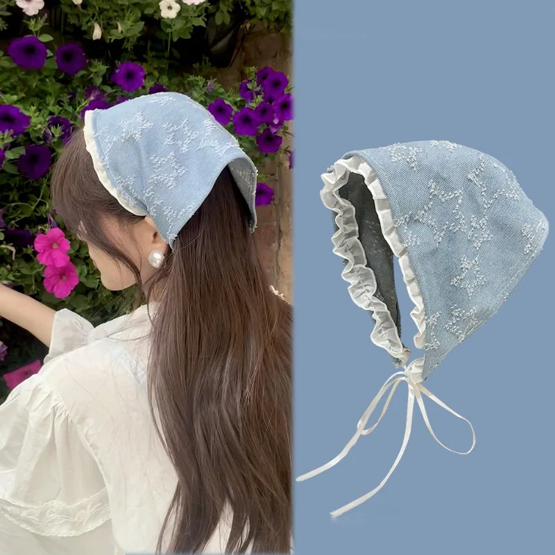 ブルースターデニム三角ヘッドスカーフレーストリムy2kボウリボンネッカチーフビーチスタイルヘアネックラップファッションアクセサリー女の子用