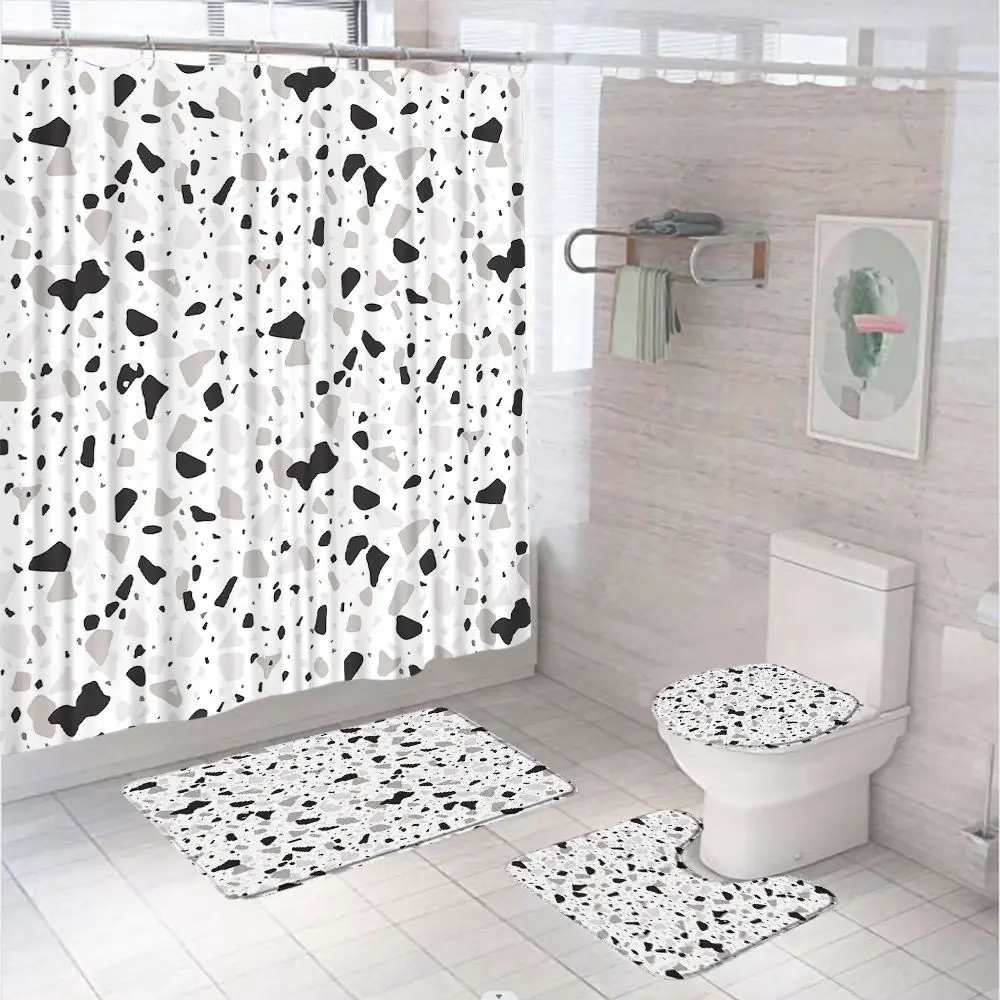 

Black Gray Terrazzo Marble Shower Curtain Set Abstract Art Stone Bathroom Screen Anti-slip Bath Mat Toilet Lid Cover Carpet Rugs