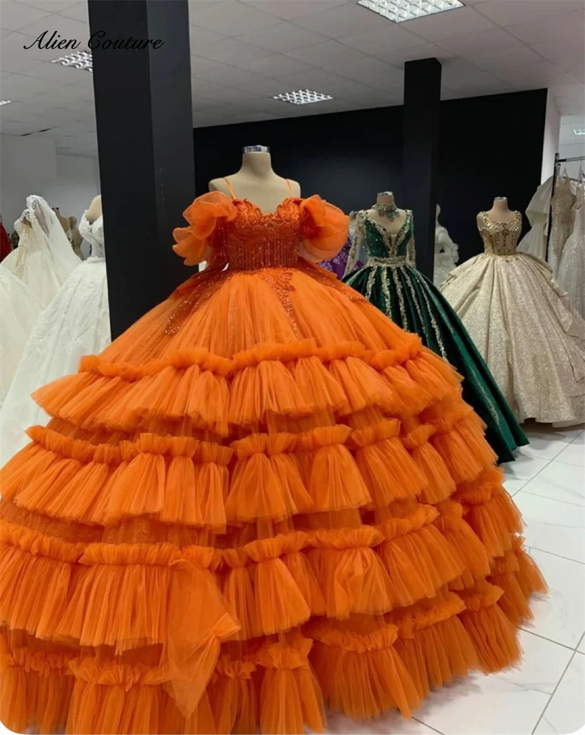 

New Orange Ball Gown Quinceanera Dress Ruffles Crystals Beads Appliques Sweet 16 Prom Dress Vestidos De 15 Años Customized
