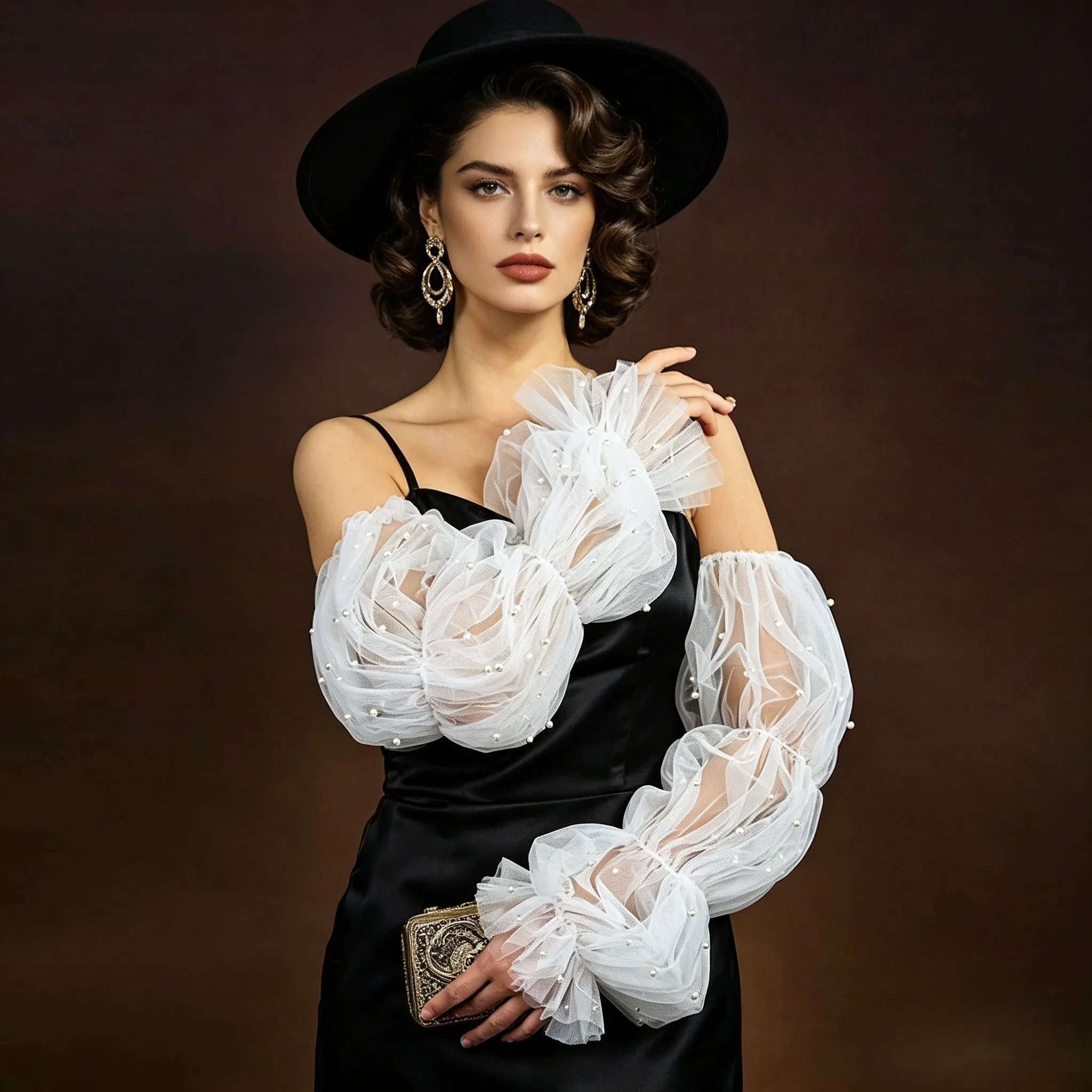 Pearl Embellished Tulle Detachable Lantern Sleeves Bridal Fingerless Arm Sleeves for Wedding Party Accessories GM26