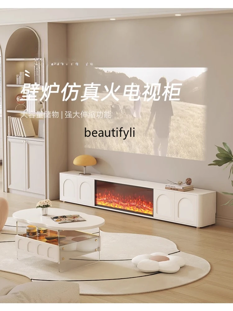 Cream Fireplace Simulation Flame TV Cabinet Living Room Home Storage Locker Integrated drawer furniture