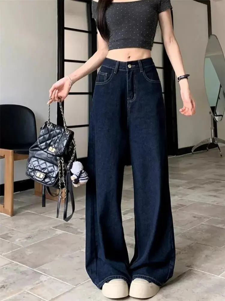 

Blue Vintage Washed Loose Wide Leg Jeans High Waist Slim Straight Floor Length Pants Women's Early Spring Fashion Trousers