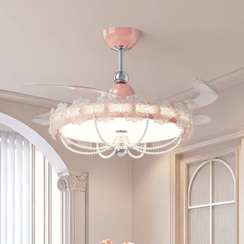 French Cream Fan Light Princess Room Flower Pearl Children's Room Ceiling Fan Light Eye Protection Design Bedroom Fan Light
