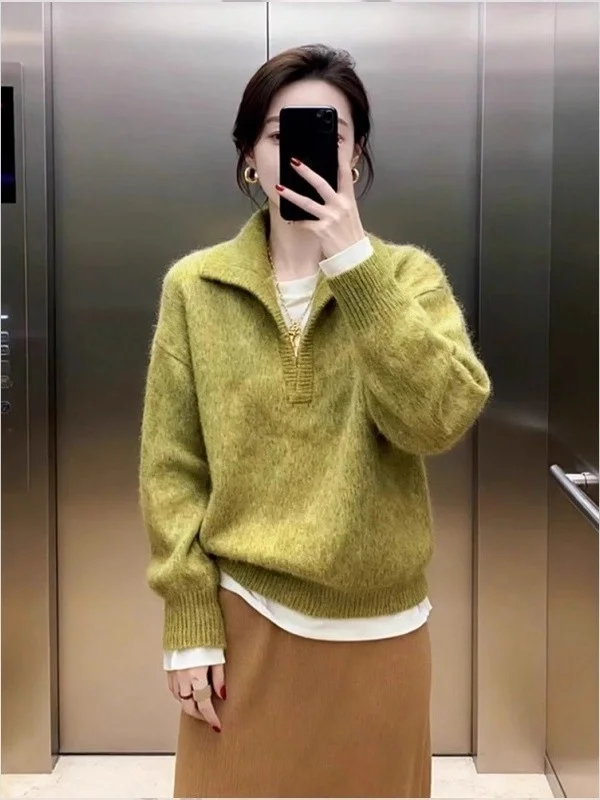 

Корейский модный женский свитер с V-образным вырезом и воротником-стойкой, теплый вязаный топ с длинными рукавами, однотонный, для зимы