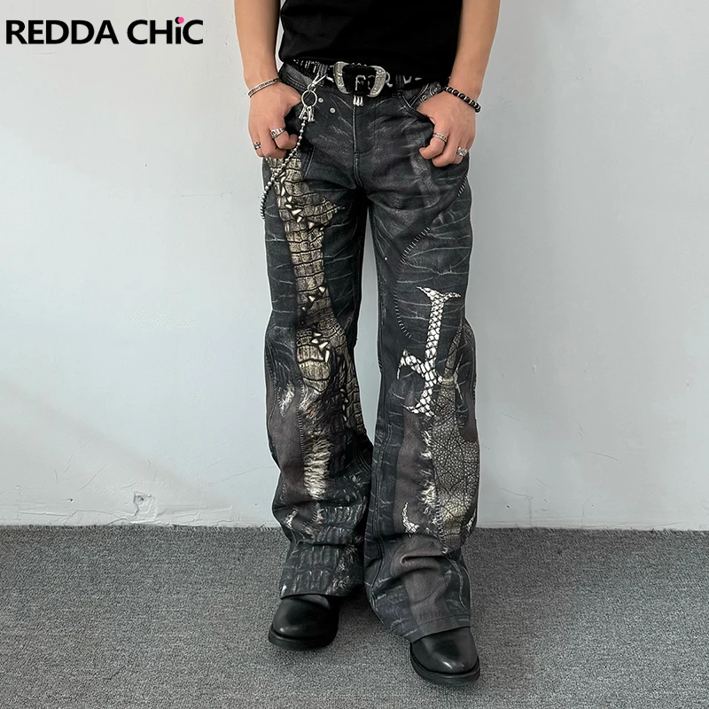 

ReddaChic Men Snake Textured Black Jeans Trousers Punk Retro Digital Printing Cross Straight Wide Leg Denim Pants Y2k Streetwear