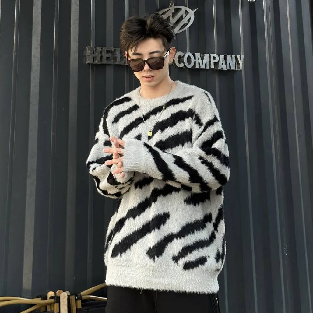 

Winter New Lazy Sle Striped Knitted Sweater Trendy Wide Loose Fluffy MY Long Sve Casual Open Cardigan for Teens