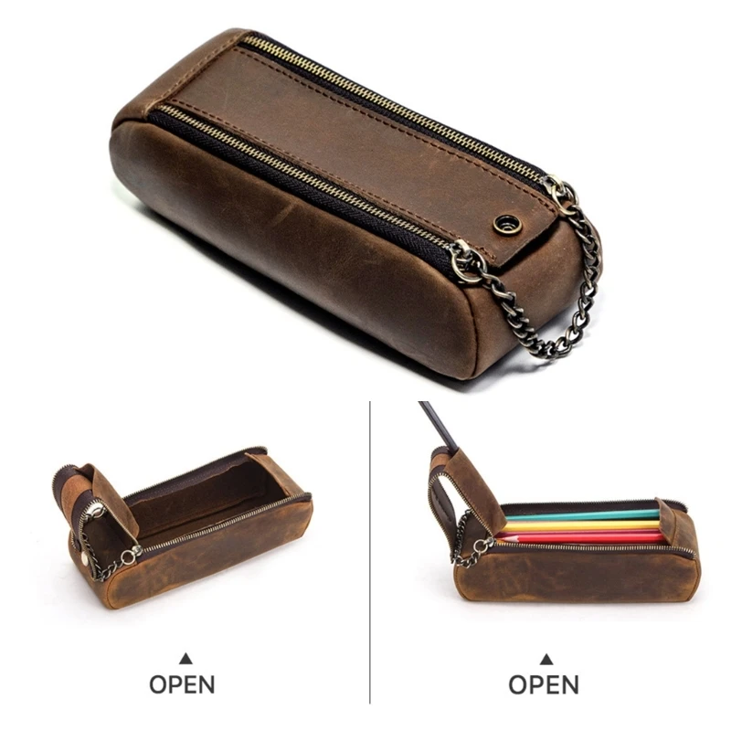 Leather Pen Pencil Case Bag Vintage Creative- School Stationary Pen Holder Large Capacity Dual Portable