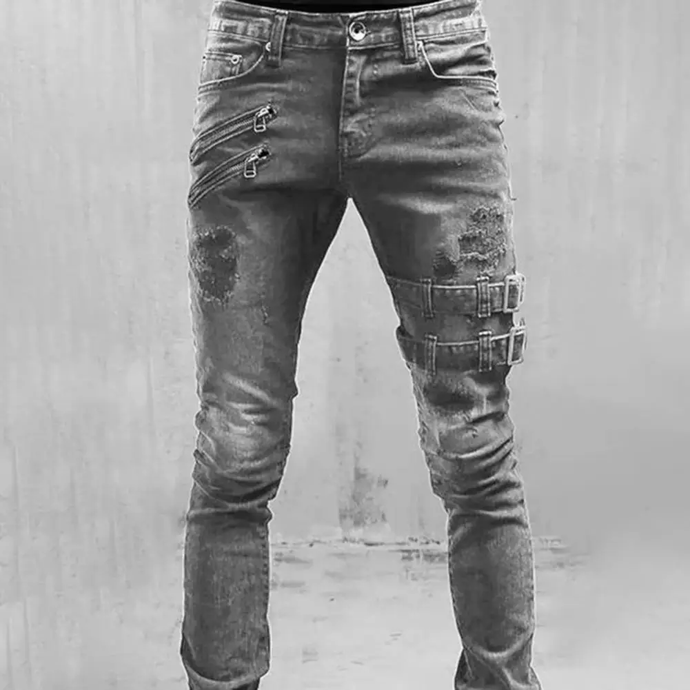 Male Trousers Skinny Men Jeans High Waist Denim Pants Zipper Placket Joggers Men Casual Hip Hop Hit Color Pocket Cargo Pants