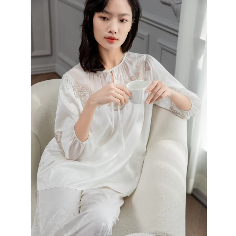 

Жаккардовый 100% шелковый шелковый рождественский елка и брюки, кружевной пижамный комплект с короткими рукавами, однотонная женская летняя одежда для дома с круглым вырезом PJS