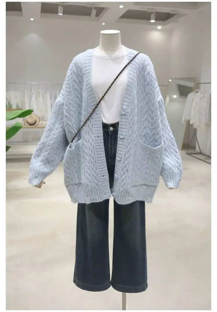 

Осень-зима, новый кардиган с витыми карманами, свитер, женский однобортный джемпер с длинными рукавами, повседневная винтажная вязаная верхняя одежда F614