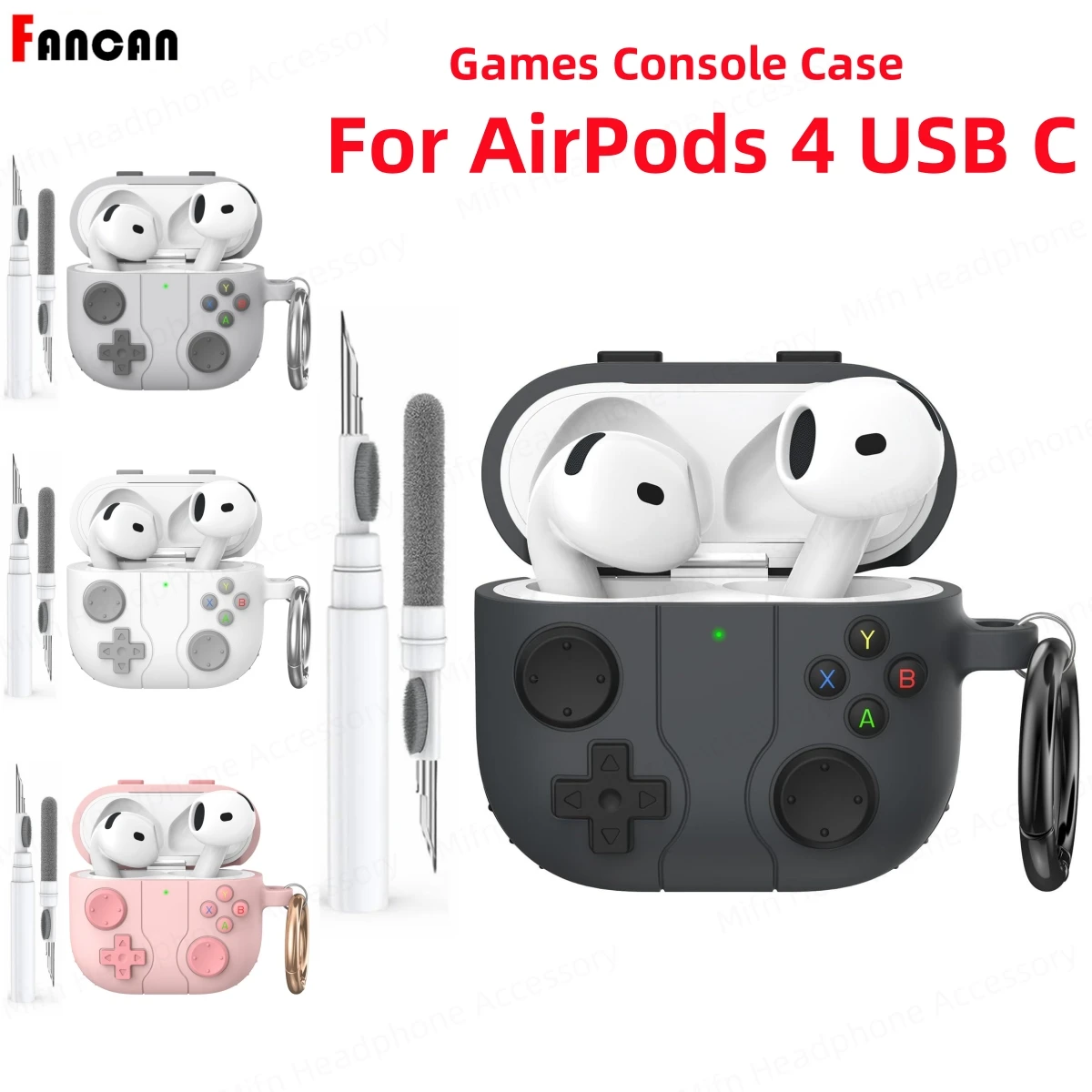 For Apple Airpods 4th Gen Earphone Funda with Cleaner Kit 3D Games Console Soft Silicone Protective Cover for AirPods 4 Typ C