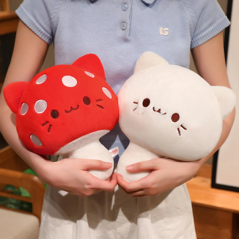 Stuffed Doll Cat Mushroom Plush In Multiple Sizes With Closed Eyes Blush Cheeks And Rounded Form For Bedside Shelf Decor