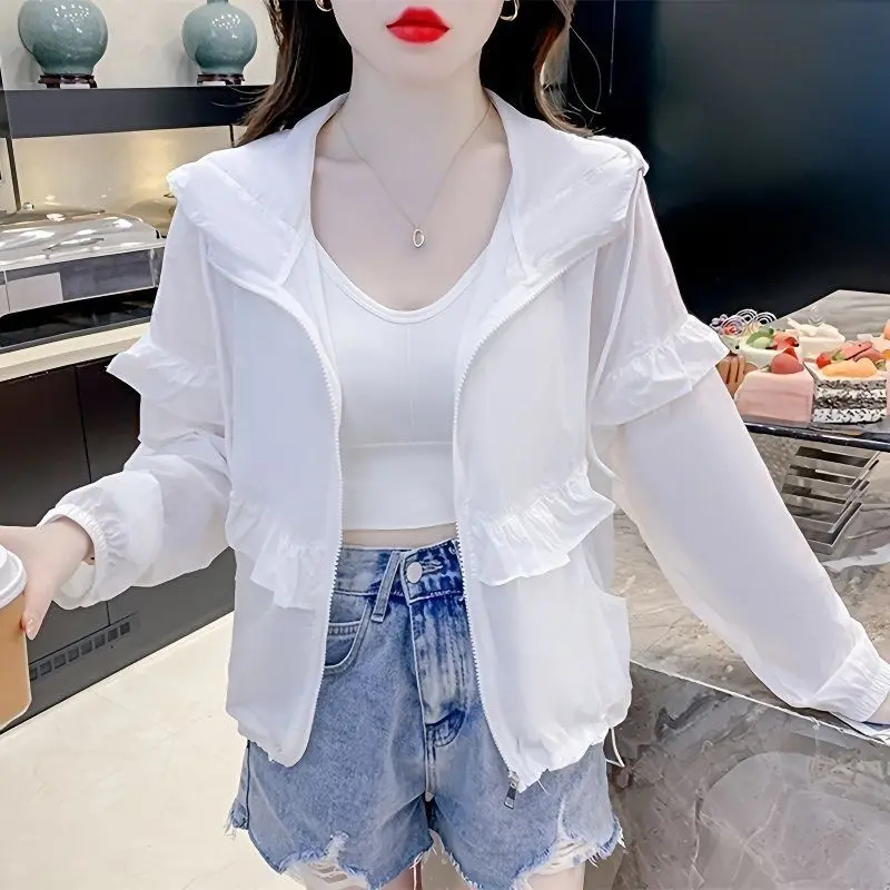 Women's Sunscreen Clothing New Hooded Summer Jacket Ruffled Edge Thin Cardigan Jacket Female Casual Tops Long Sleeve Outerwear