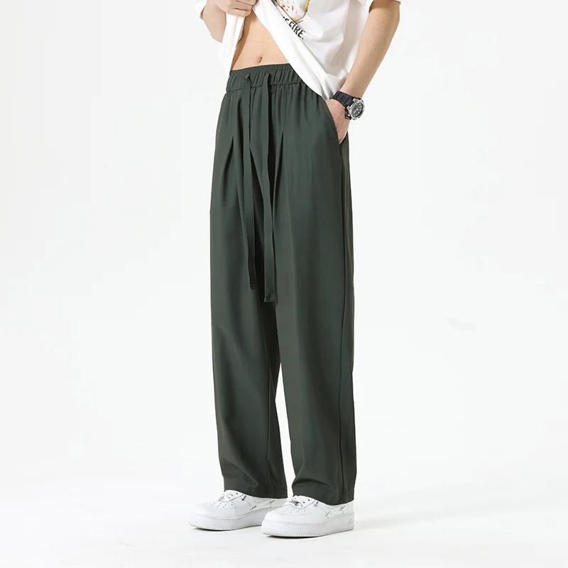 

New Men'S Spring Summer Korean Style Fashion Versatile Loose Ice Silk Trousers Teenagers Thin Drop Feel Casual Wide Leg Pants