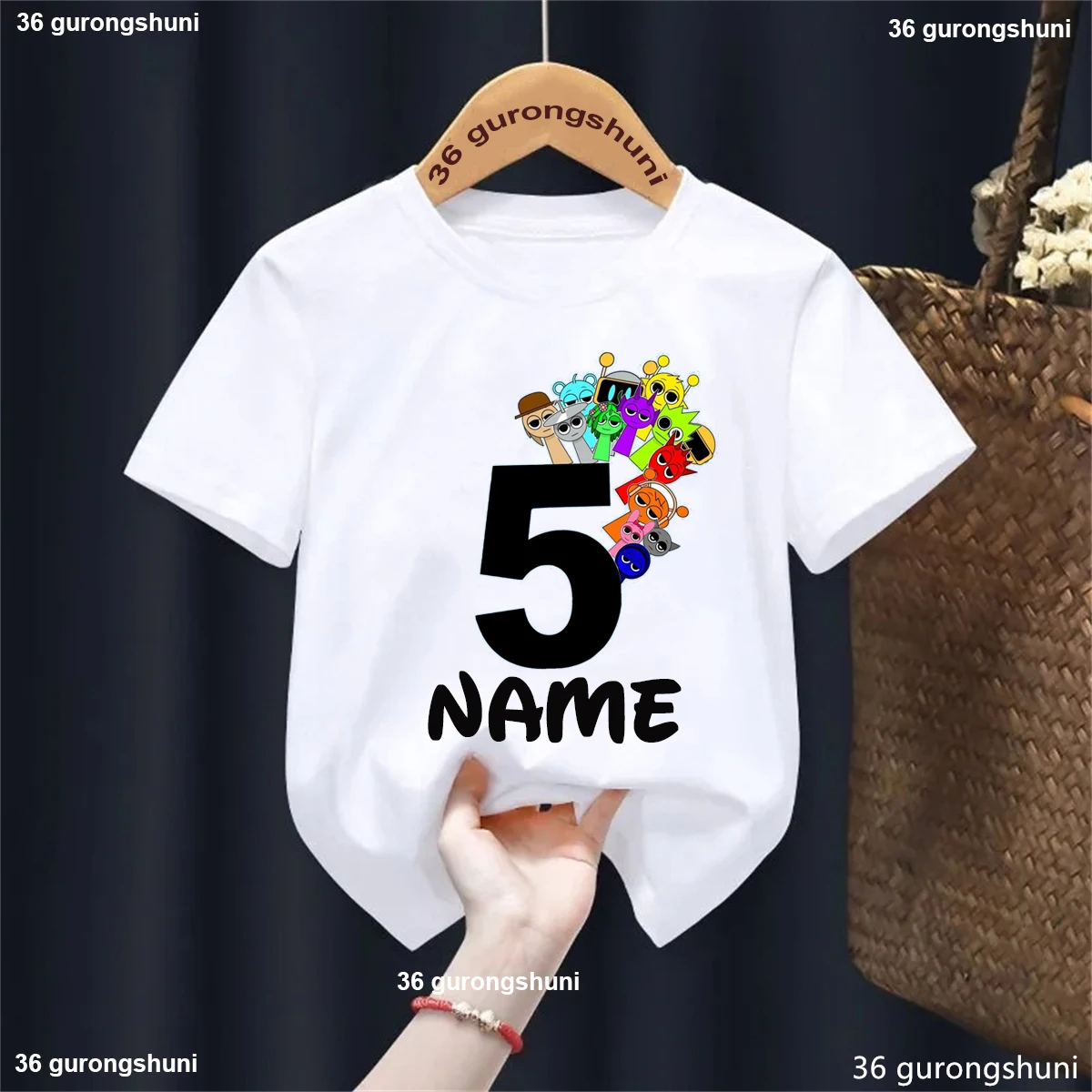 

5th Birthday Gift Game Sprunki Graphic Printed T Shirt Girls/Boys Custom Name Kawaii Kids Clothes Music Lover Hip Hop T-Shirt