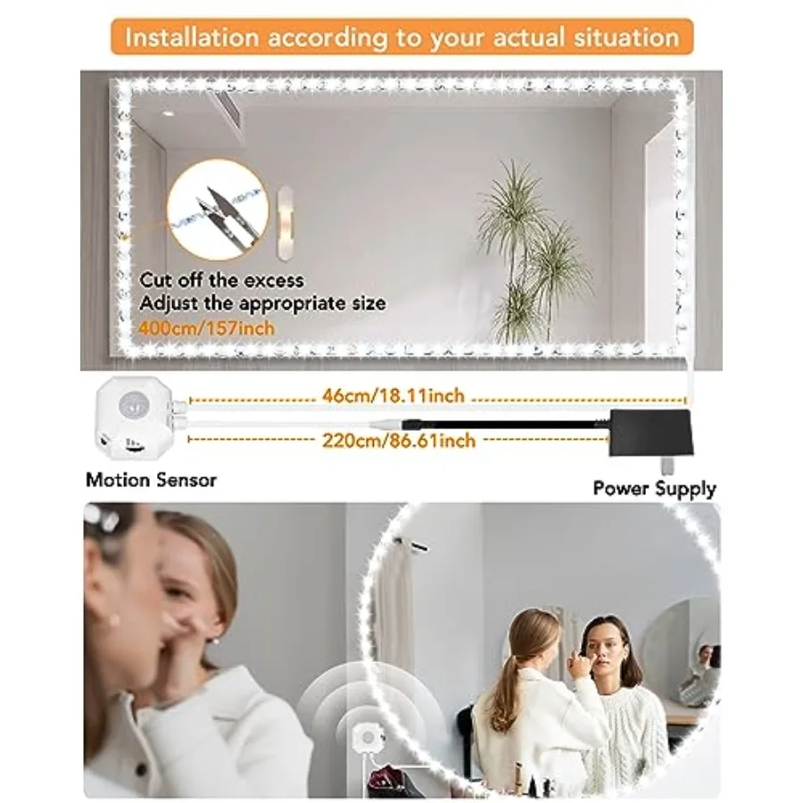 Motion Sensor Led Vanity Mirror Lights, 13Feet Motion Activated Led Lights for Mirror, Adjustable Color and Brightness Flexible