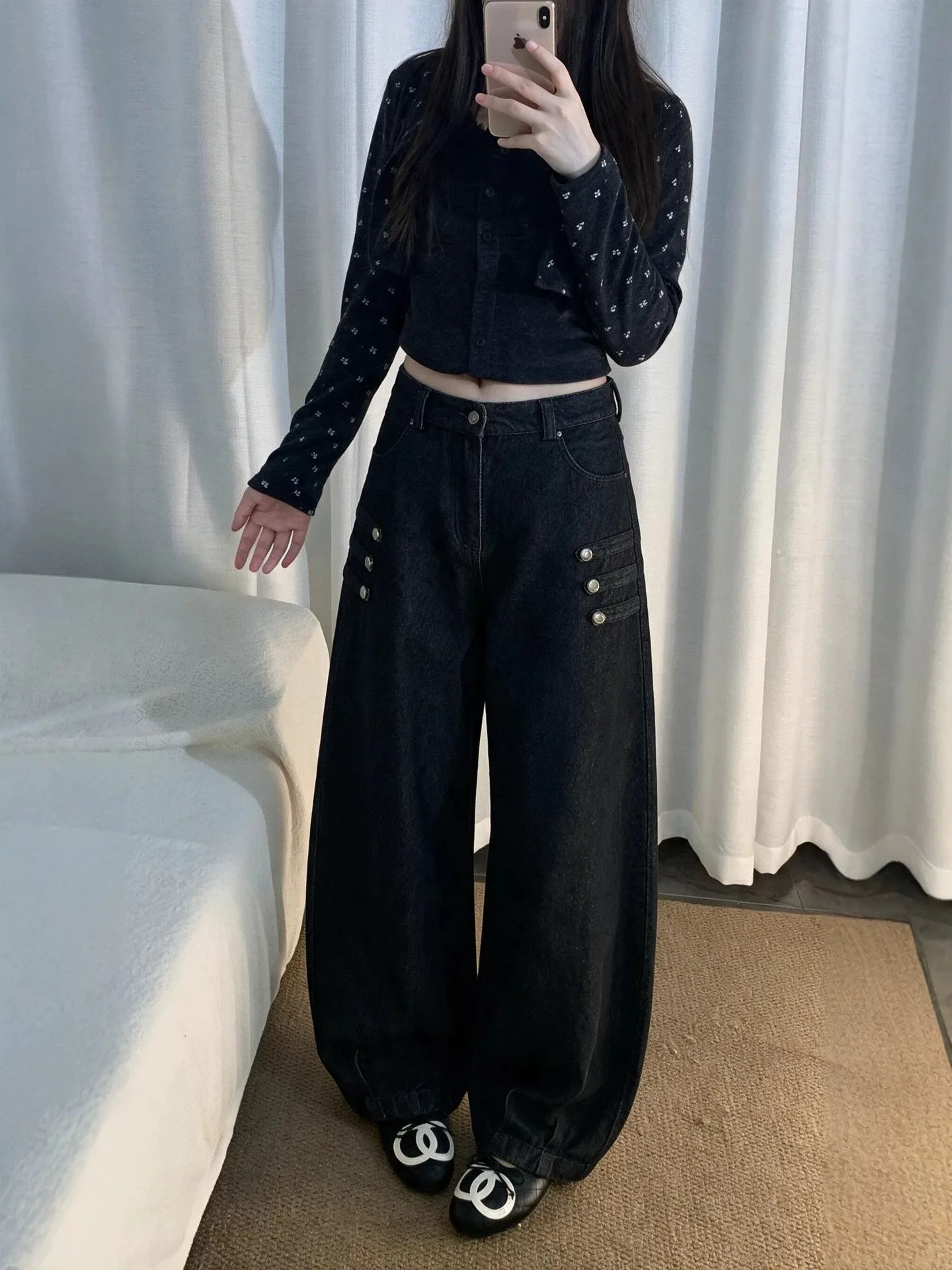 High Waist Wide Leg Black Denim Jeans Women's Loose Fit Casual Bootcut Pants Double Row Buttons Retro Design plus Size