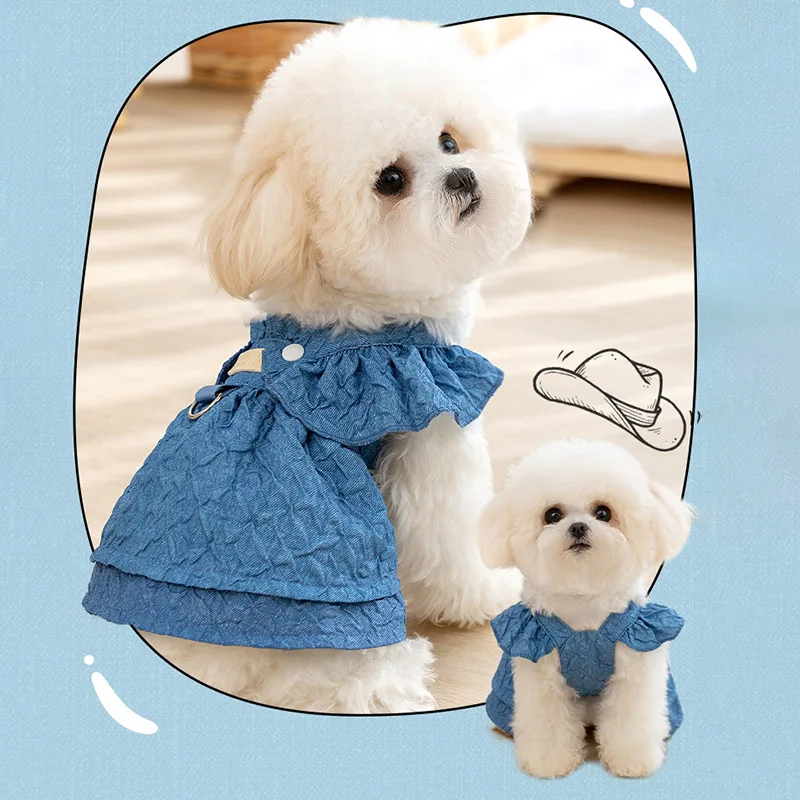 Denim Dog Dresses for Small Dogs Puppy Girl Clothes with Leash Ring Flying Sleeves Summer Cat Apparel Blue Chihuahua Outfits