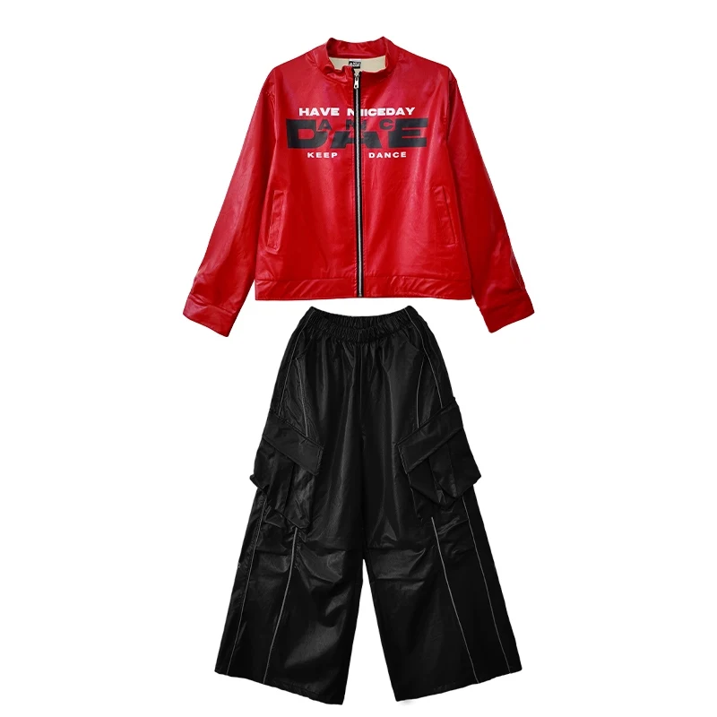 Dziecięcy strój do hip hopu, czerwony skórzany płaszcz, spodnie, chłopięcy luźny styl uliczny, dziewczęce fajne ubrania do jazzu, strój do występów tanecznych BL18296