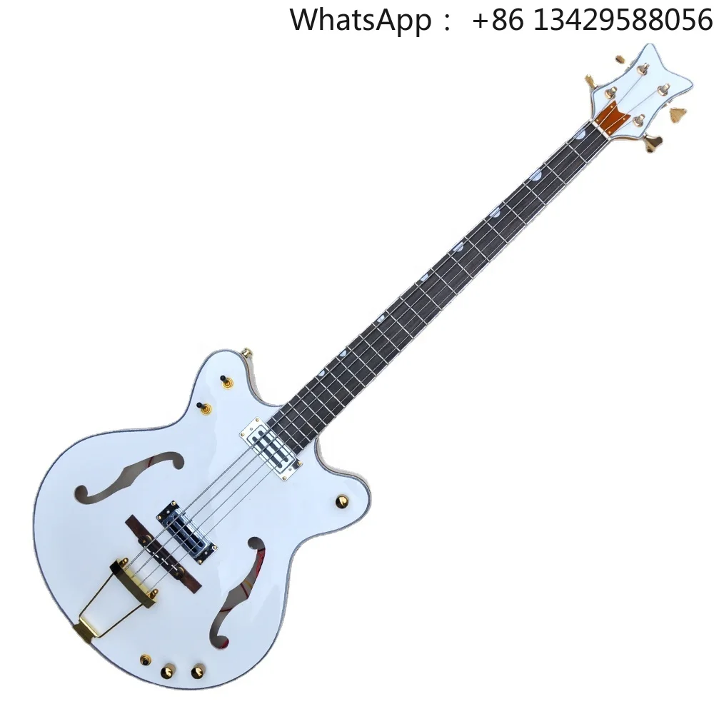 Flyoung 4 Strings Electric Bass Guitar Semi-hollow Body Bass Side Hole Style Electric Bass