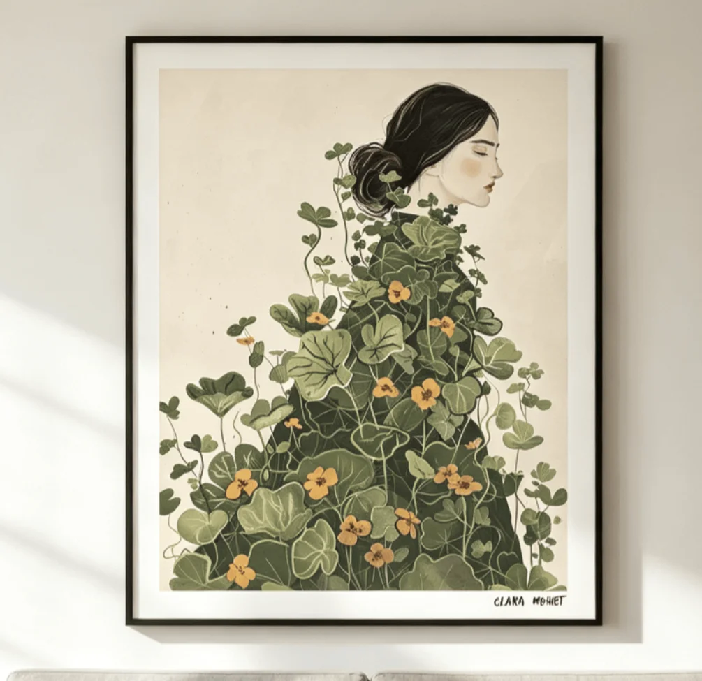Botanical Woman Wall Art Canvas Prints, Green Floral Figure Posters, Vintage Decor for Living Room Bedroom Decor