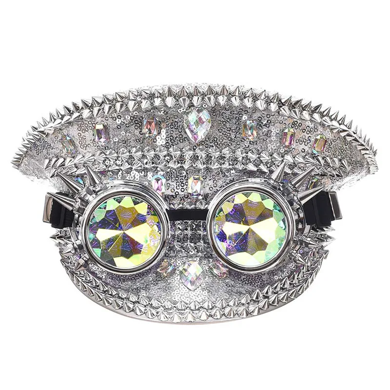 Halloween Cosplay Fashion Steampunk Hat With Goggles Vintage Men Black Sequined & Rivets Carnival Festival Gothic Hats For Women