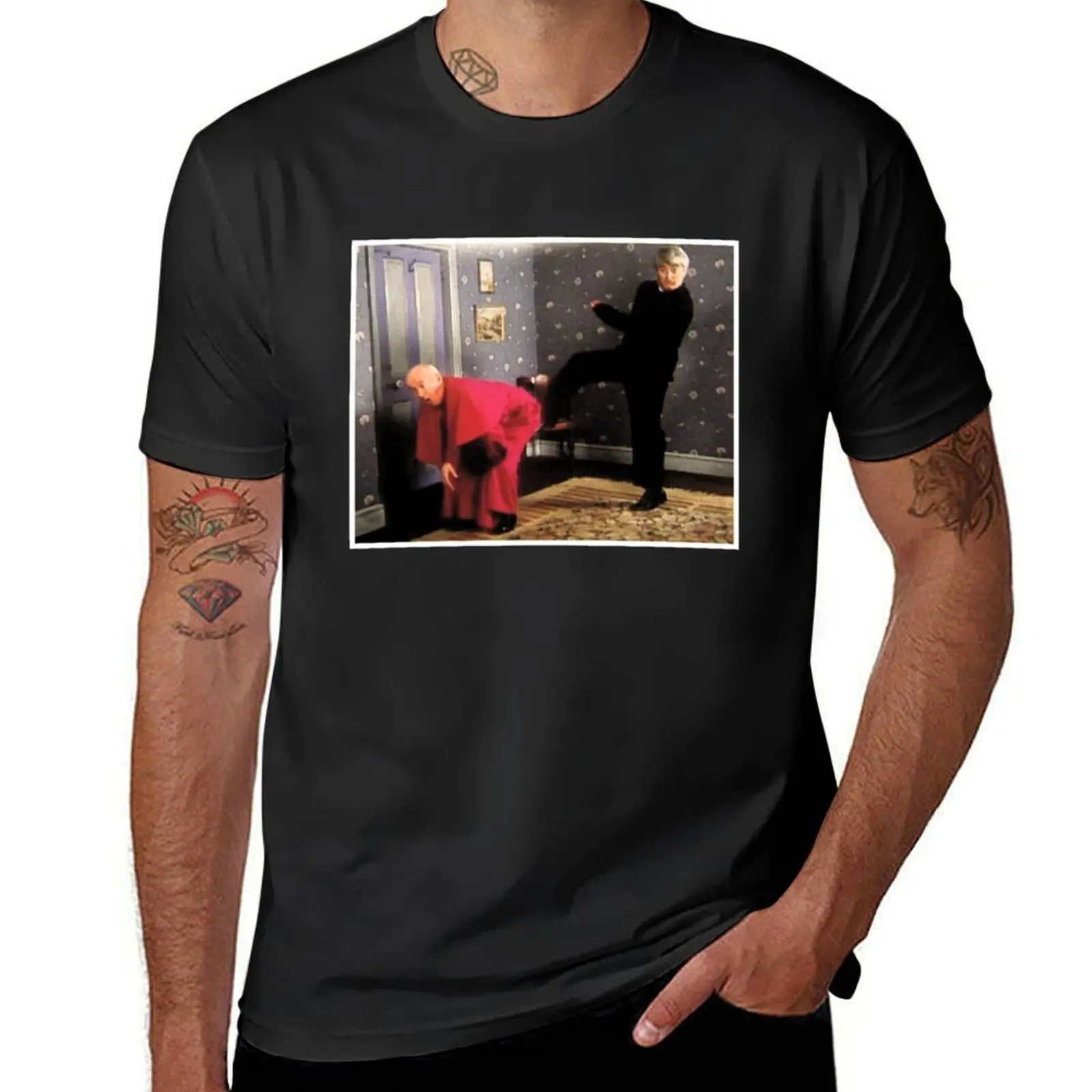 Father Ted - Framed Picture of Bishop Brennan Being Kicked up the Arse T-Shirt Blouse Men's t shirts