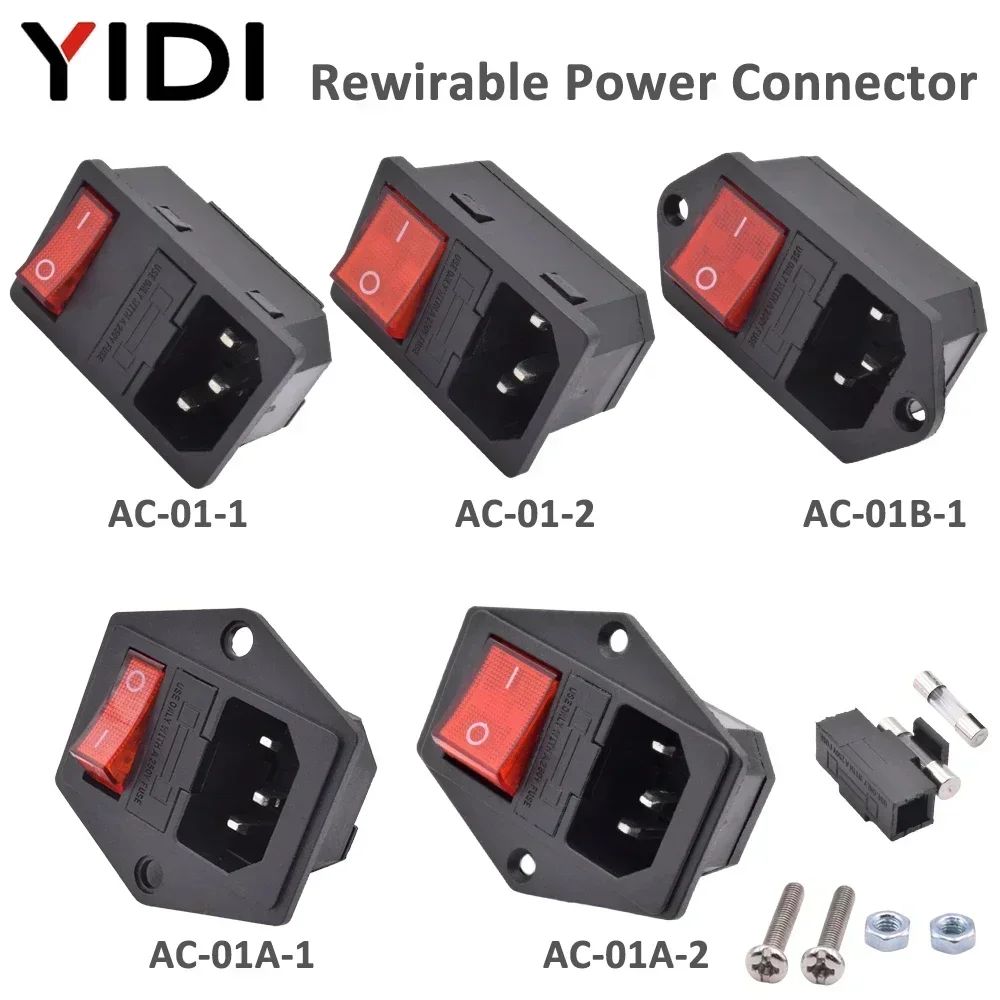 IEC 320 C13 C14 AC Inlet Power Plug Socket 250V 10A Fuse Red Lamp Rocker Switch Rewirable 3 Pin Electrical Male Female Connector