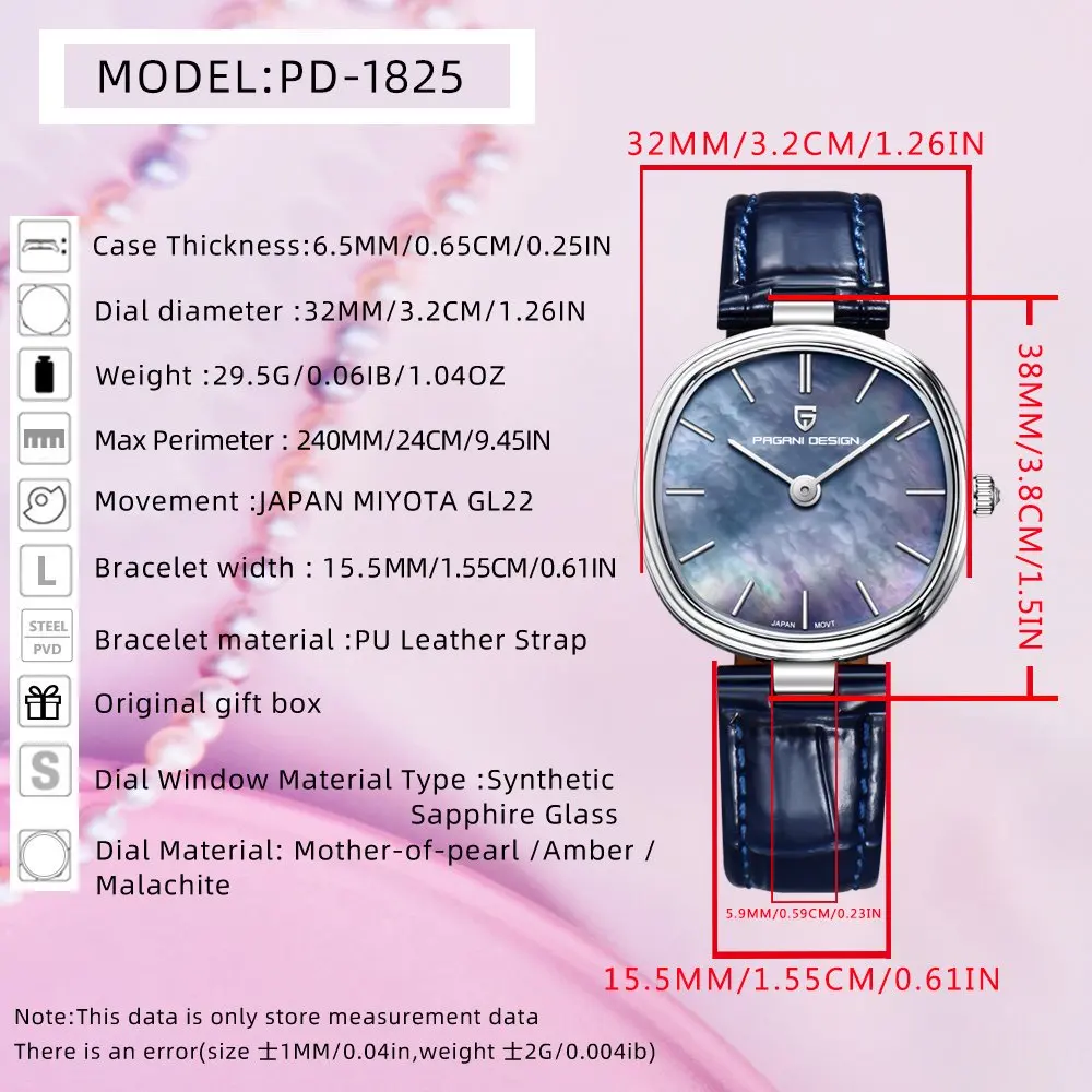 PAGANI DESIGN PD-1825 Women Quartz Watch Miyota GL22 Purple Mother of Pearl Dial Sapphire Glass Navy Blue Leather Strap Ladies