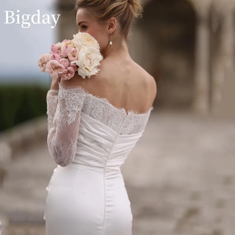 Vestido De Novia De satén blanco De manga larga con espalda abierta De encaje De sirena elegante, vestido De Novia De tren desmontable