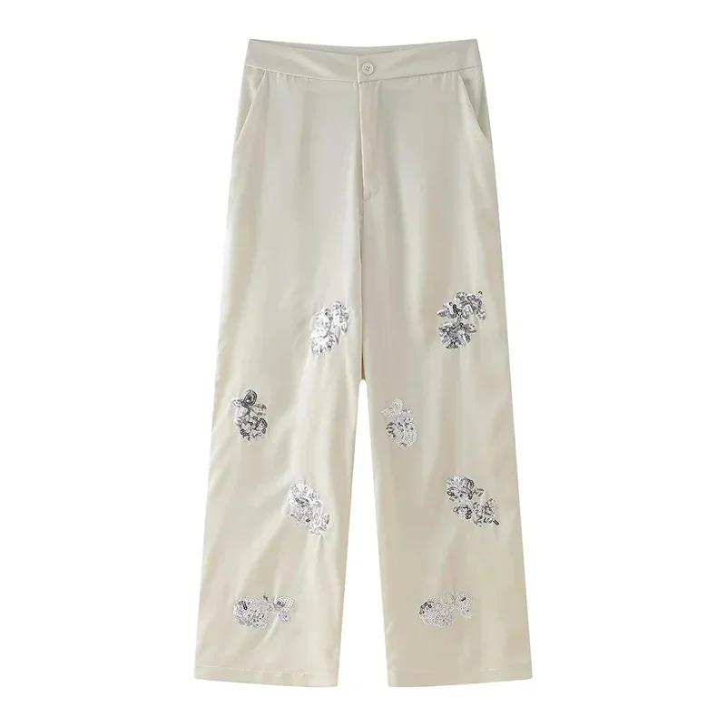 2025 paillettes 2 pièces ensembles femmes tenue paillettes Satin Blazer femmes été pantalon costume taille haute jambe large pantalon ensemble