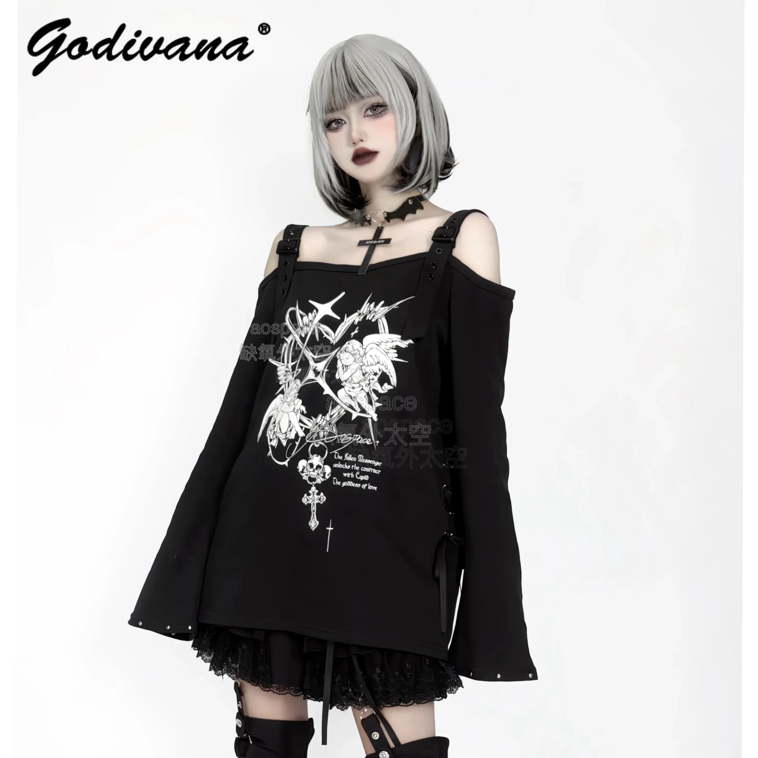 Original Off-the-shoulder Subculture Black and White Angel Print T-shirt New Autumn Long Sleeves Y2K Girls Cotton Tee Tops