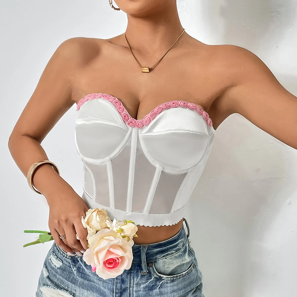 

Sexy Strapless Flower Boned Tube Tops Womens Slimming Tank Top Female Bustier Camis Fashion White Fitted Shaper Corset Crop Vest