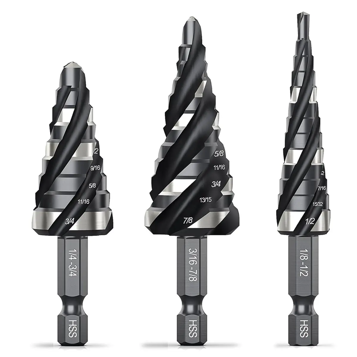 A893P ~Four Spiral Flute Step Drill Bit Set, 3 Pcs HSS Step Drill Bits (1/8