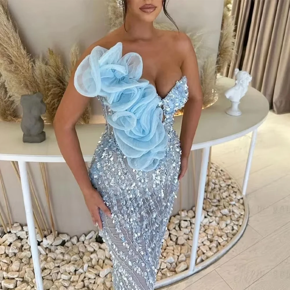 GalaG One Shoulder Sky Blue 3D Floral Evening Dress Strapless Corset Beaded Mermaid Maxi Gown Formal Pageant Party Dress Custom