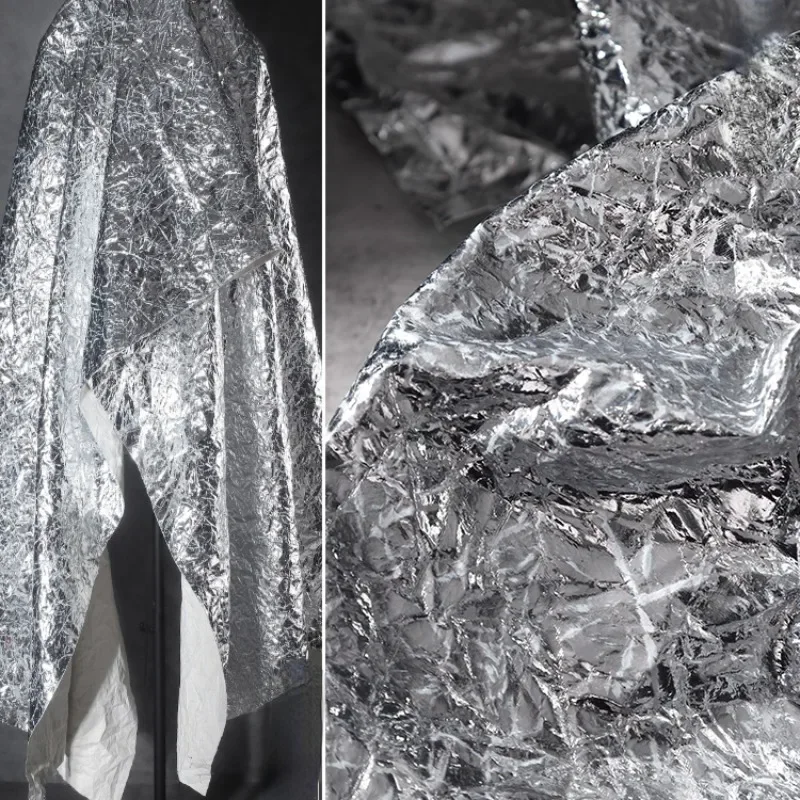 

Bright Silver Crumpled Leather Cloth Metallic Heavy Industry Special Texture Handmade DIY Coat Clothing Designer sewing fabric