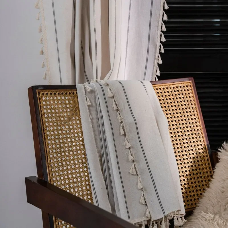 American Style Cotton Linen Black Stripe Yarn-dyed Simple Window Tassels Curtain Blackout Valance Luxury Living Room Curtains