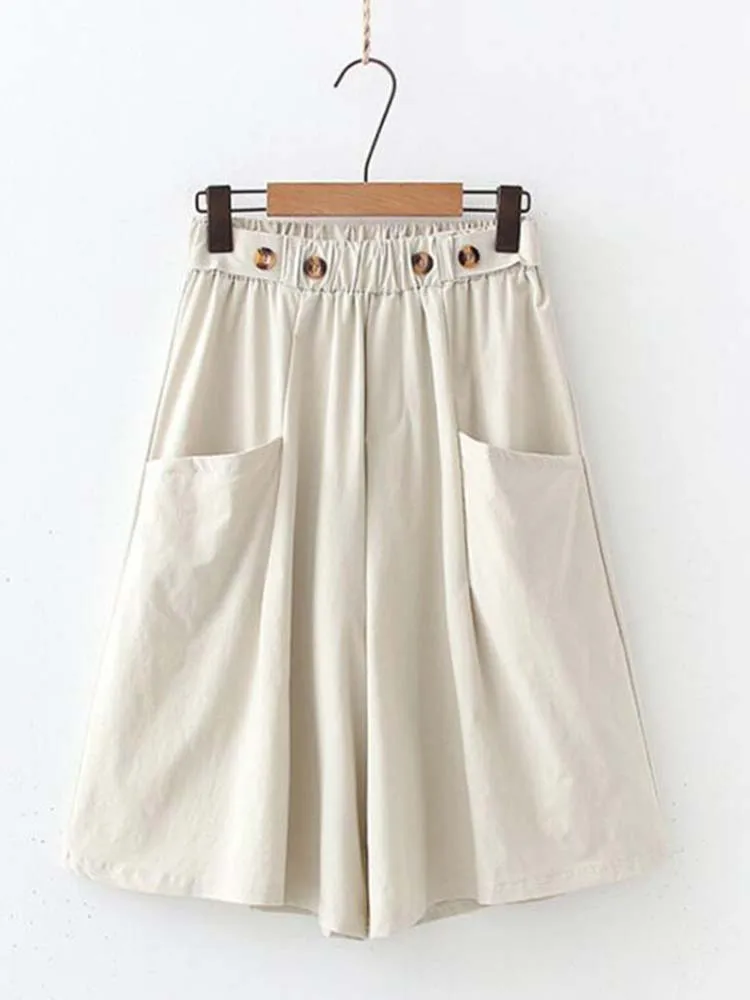 

Fashion Summer Korean Style Cotton Wide Leg Women Short Pants Solid Elegant Elastic Waist Bud Flare Shorts Skirts