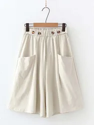 Fashion Summer Korean Style Cotton Wide Leg Women Short Pants Solid Elegant Elastic Waist Bud Flare Shorts Skirts
