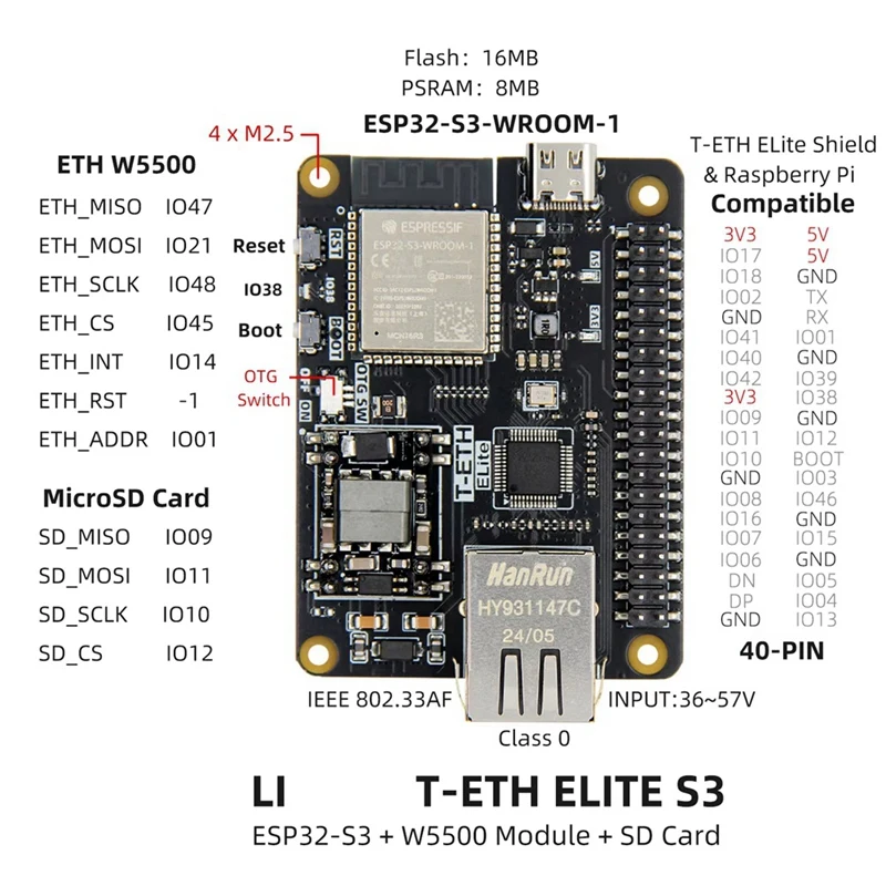 لوحة تطوير إيثرنت T-ETH-Elite ESP32-S3 2.4 جيجا هرتز واي فاي وبلوتوث 5(LE) تدعم مصدر طاقة POE