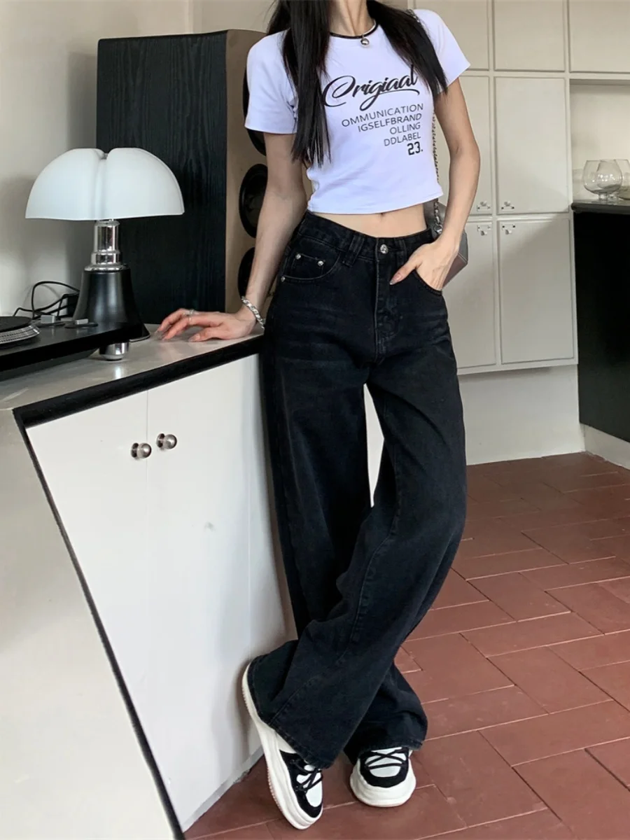 جينز للنساء بخصر عالٍ مقاس كبير وشكل متعرج كبير مريح أساسي بسيط للاستخدام اليومي متعدد الاستخدامات وعملي ثقيل كامل