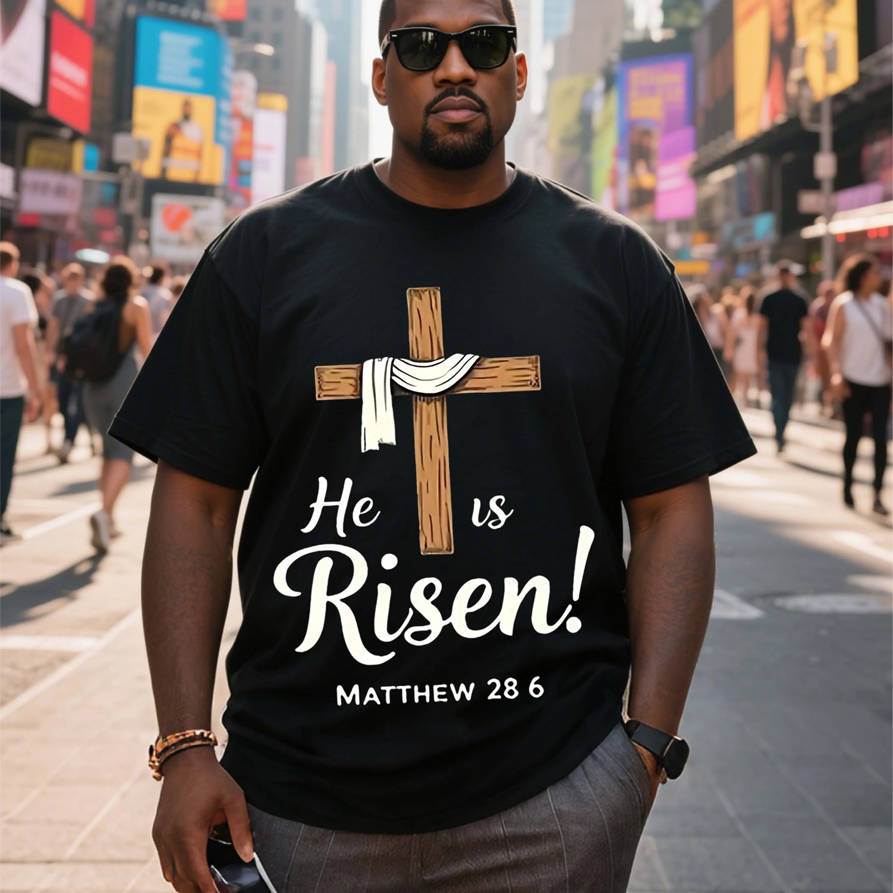 

Черная футболка больших размеров с короткими рукавами, крестом и принтом «He Is Risen!» Подходит для летнего отдыха на открытом воздухе.