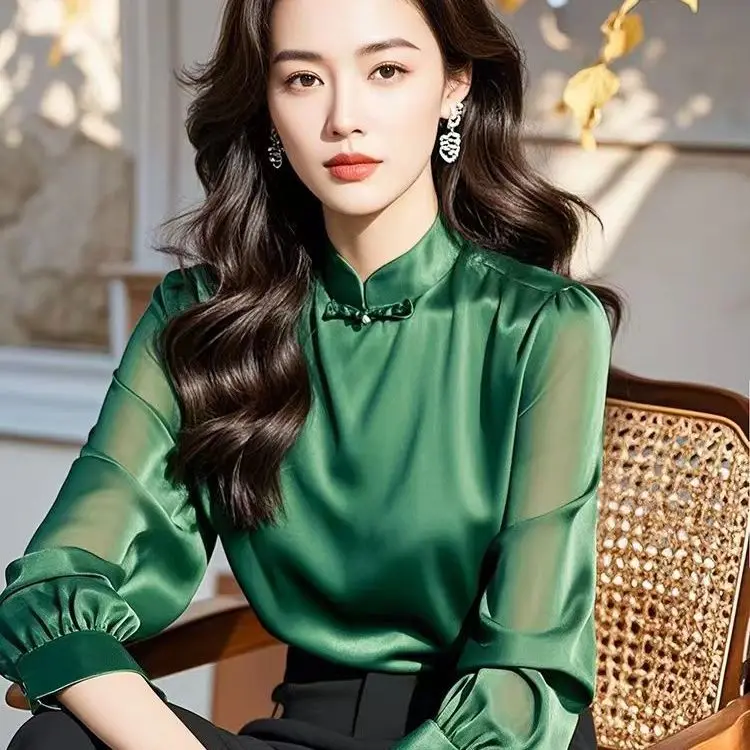 

Весенняя зеленая рубашка в китайском стиле для женщин, новый жаккардовый топ с длинными рукавами в китайском стиле YY68