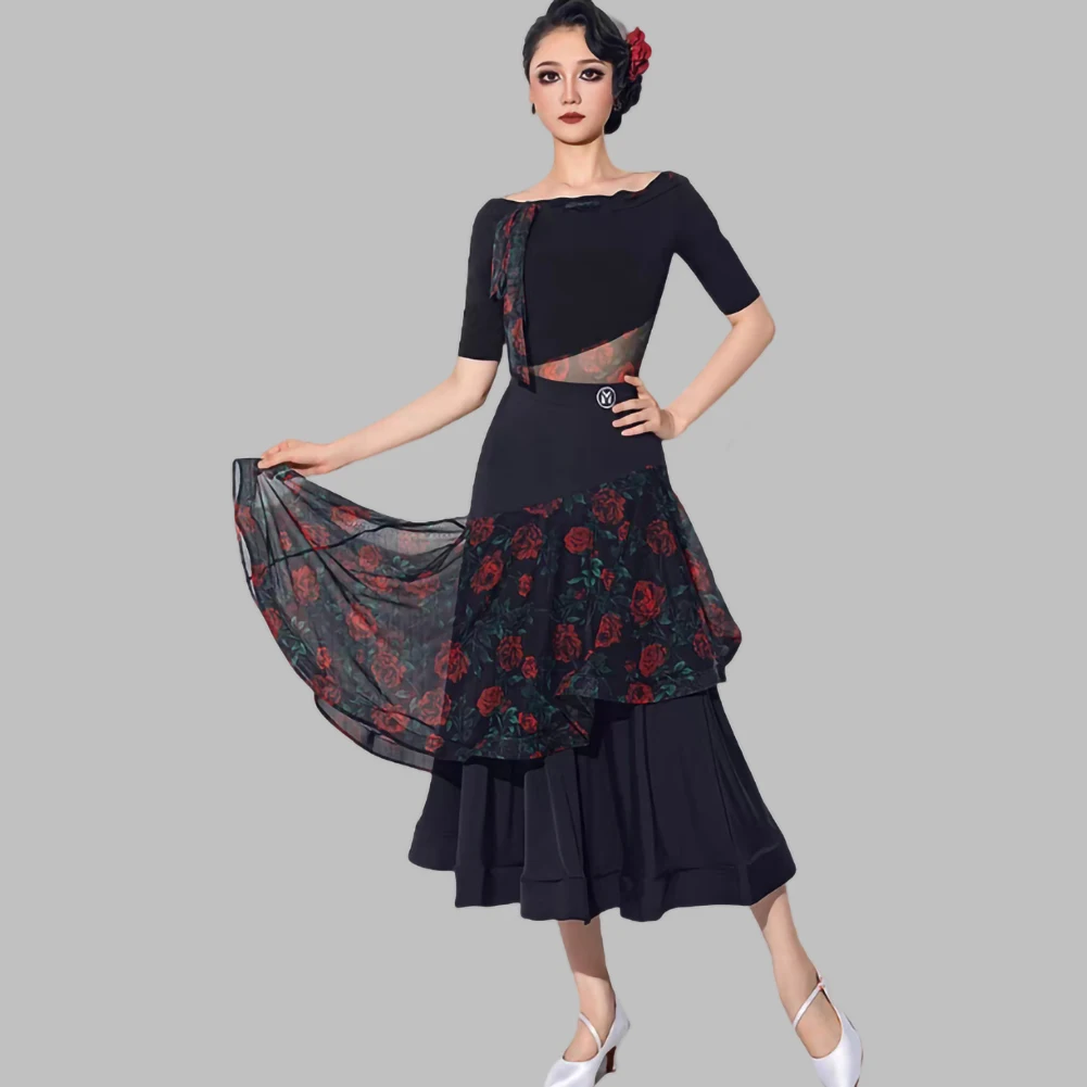 ممارسة الملابس القياسية الرقص المنافسة دعوى تنورة قاعة الرقص ارتفع Crewneck المرأة المرحلة الكل في واحد دعوى منتصف الأكمام الفالس