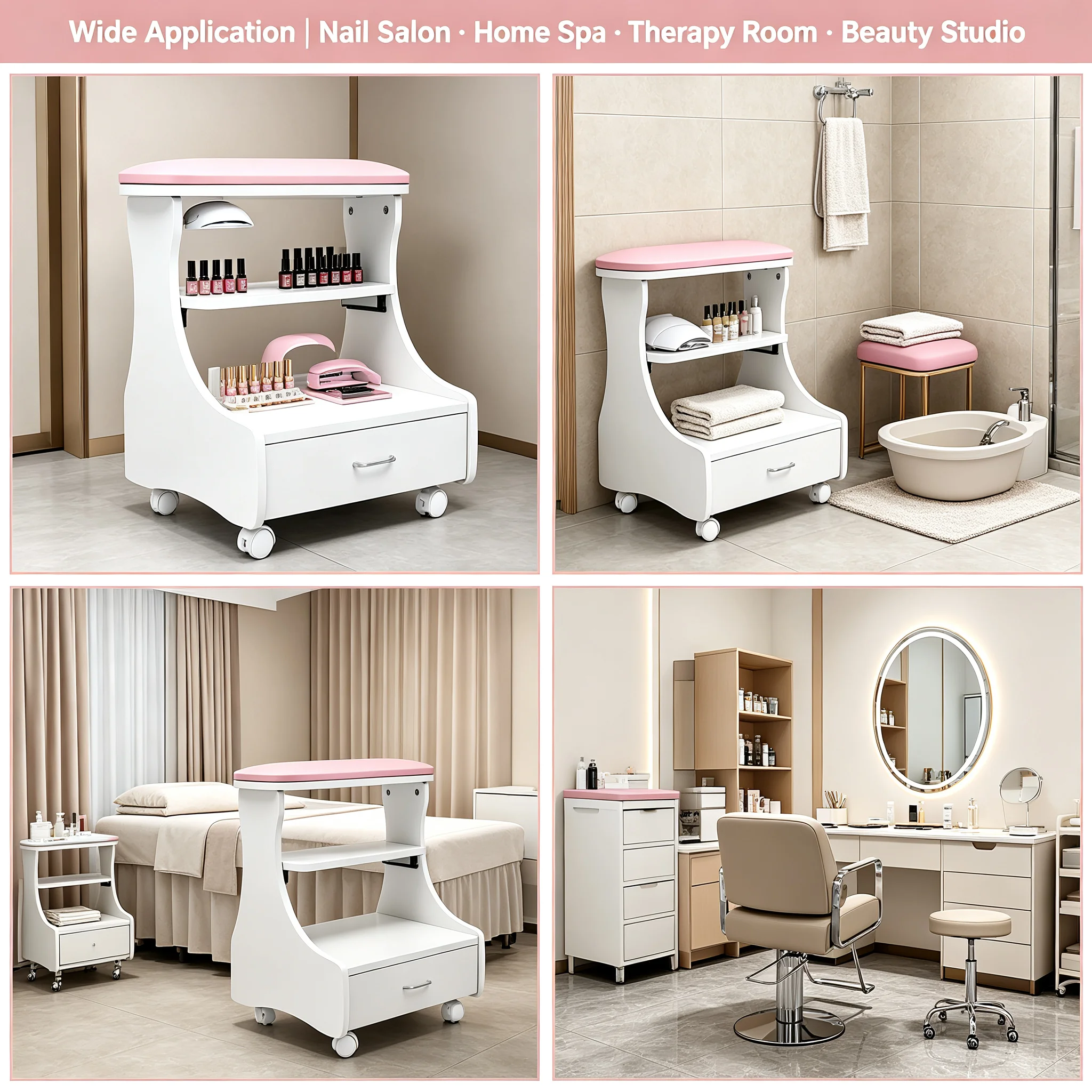 Foot Bath Stool with Wheels, Mobile Pedicure Trolley for Beauty Salon, 44 lbs Load Capacity, White & Pink