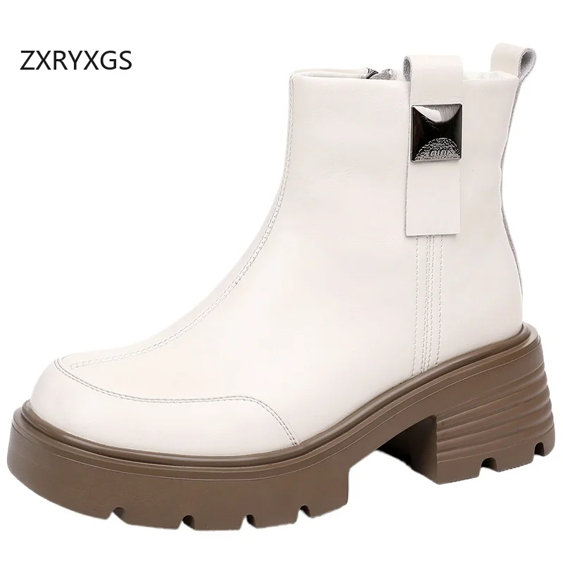 

ZXRYXGS 2025 Temperament Premium Genuine Leather Boots Thick Sole Non-slip Thick Mid Heel Boots Big Size Autumn Winter Boots
