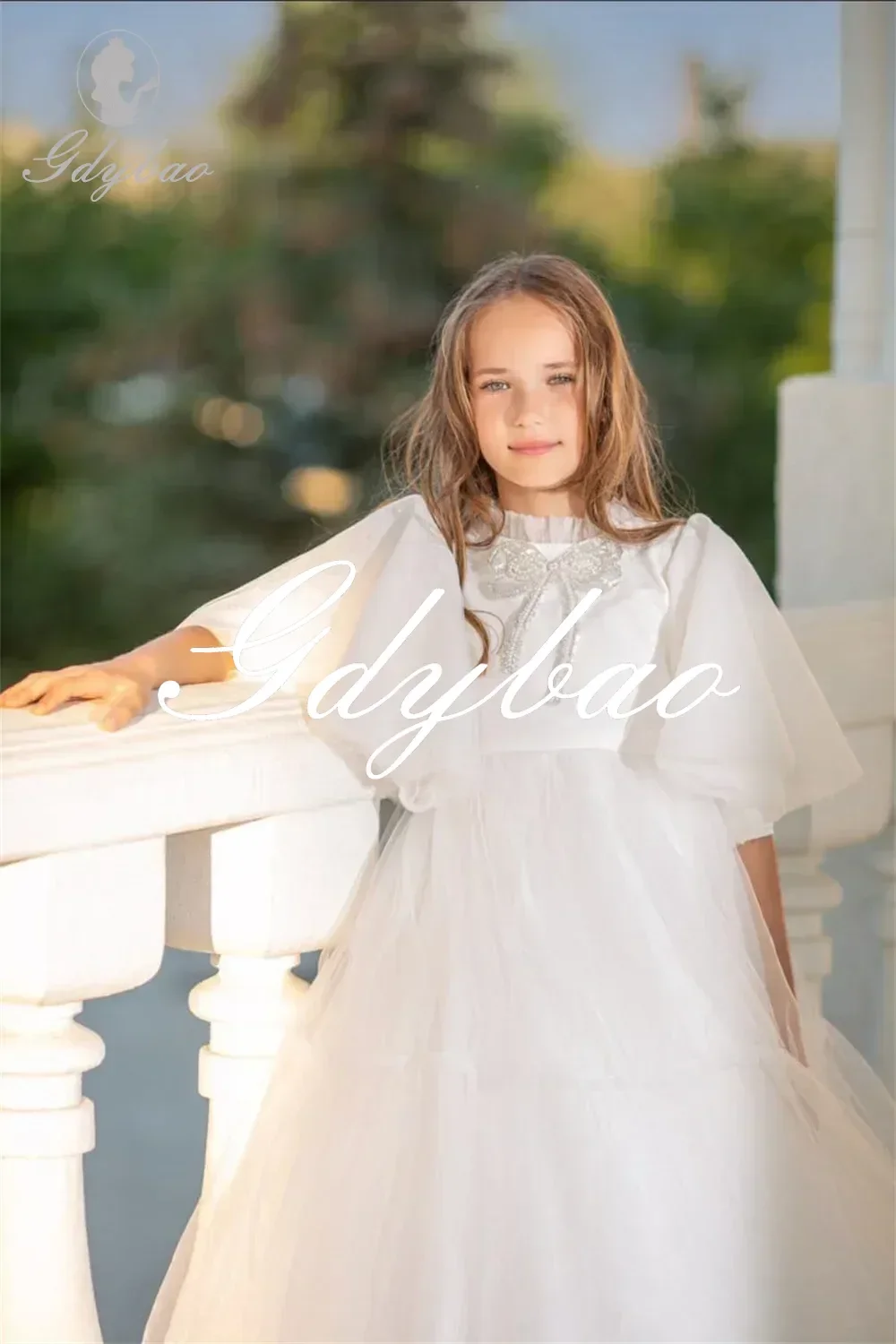 Elegant Applique Half Puff Sleeve Pleat Long Ball First Communion Dress Floor Length Formal Classic Flower Girl Gown Customized